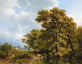 A Summer Landscape with Cows Watering, a Castle in the Distance, 1836 by Barend Cornelius Koekkoek | Giclée Canvas Print