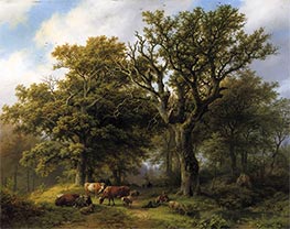 A Herdsman and His Cattle Resting Under an Oak Tree, a Ruin in the Distance, 1850 by Barend Cornelius Koekkoek | Giclée Canvas Print