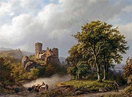 Figures and Cattle on a Path in a Wooded Landscape with a Castle Ruin Beyond, 1857 by Barend Cornelius Koekkoek | Giclée Canvas Print