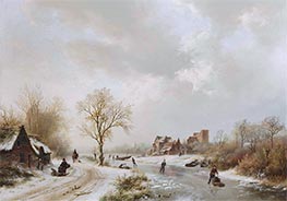 A Winter Landscape with Figures on a Path and Skaters on a Frozen Waterway, 1838 by Barend Cornelius Koekkoek | Giclée Canvas Print